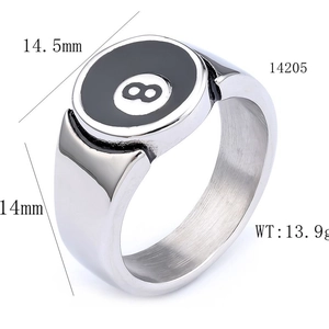 Vintage stainless steel men's ring featuring a billiard number 8 design at 45-degree angle