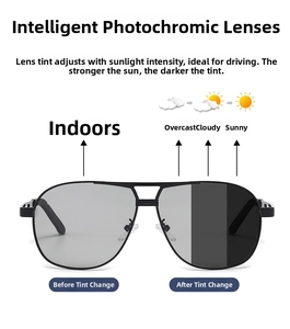 Detailed view of photochromic lenses transitioning from light to dark for driving