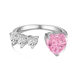 S925 sterling silver open ring featuring pink and white heart-shaped zircon stones