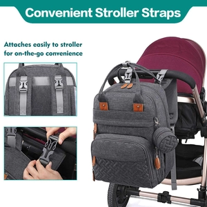 Close-up of convenient stroller straps on dark grey diaper bag with hook installation