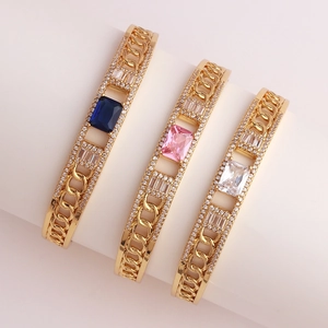 Fashion geometric gold bangle with colorful square zircon stones and chain link design