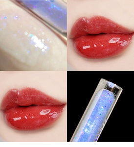Glossy red lip glaze with blue shimmer particles and crystal mirror finish effect