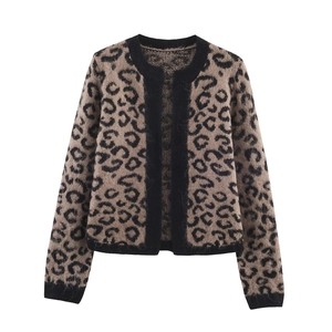 Women's leopard print open front knit cardigan with black ribbed edges for autumn winter