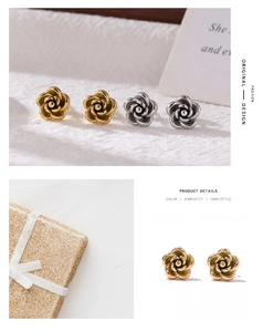 Detailed close-up of 3D rose flower earrings in gold and silver stainless steel