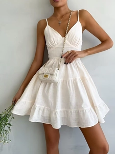 Mini Cami Dress Cotton V Neck Spaghetti Strap Tiered High Waist Back Smocked Sexy Summer Casual Women