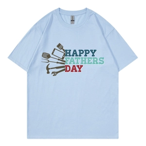 Light blue Father's Day T-shirt featuring Happy Fathers Day print and tool graphics