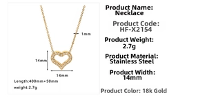 Detailed size specifications for 18K gold heart necklace with zircon and dimensions