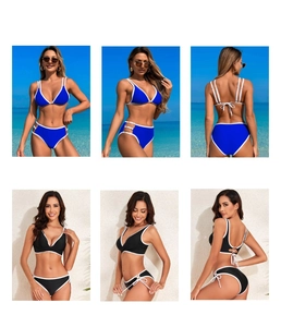 Detailed views of a two-piece bikini featuring contrast piping and side hollow-out design