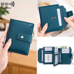 Deep blue long leather wallet showing RFID protection card slots and pull-out card holder