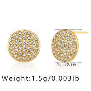 Detail view of 18K gold plated brass stud earrings with cubic zirconia and size 1cm label