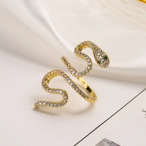 Luxurious 18K gold plated snake-shaped ring with sparkling white and green zircon stones