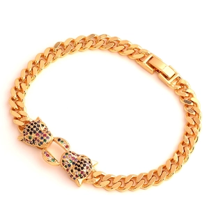 Hip hop Cuban chain bracelet with gold-plated double leopard heads and colorful zircons
