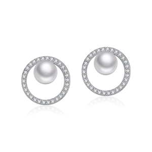 Elegant s925 silver pearl stud earrings with sparkling cubic zirconia halo on white background
