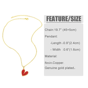 Detailed size specifications for the gold heart pendant necklace with red resin inlay