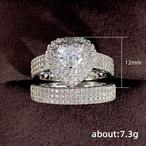 Luxurious silver heart-shaped zircon wedding ring set with 12mm height and 7.3g weight