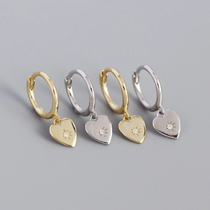 Minimalist S925 silver heart hoop earrings with sparkling starburst stones in gold and silver