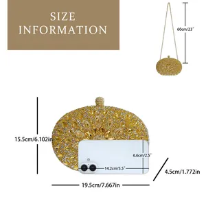 Size guide for gold rhinestone evening bag showing dimensions in cm and inches