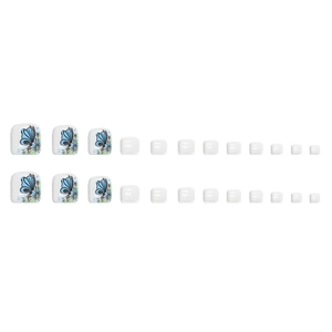 24-piece white press-on toenails featuring blue 3D butterfly and floral designs
