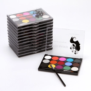 Detailed view of the 12-color water-based face and body painting kit with brushes
