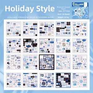 Detail overview of 20 collage sticker sheets with holiday-themed vintage paper designs