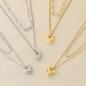 Collier Double Couche En Acier Inoxydable Avec Pendentif Coeur Plqué Or 18K Texture Lave Chaîne Trombone Pour Femmes
