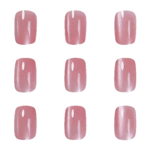 Short square rose pink cat eye press-on nails with shiny magnetic finish 24pcs set