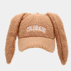 Brown teddy fleece baseball cap with rabbit ears and Colorado embroidery, front view