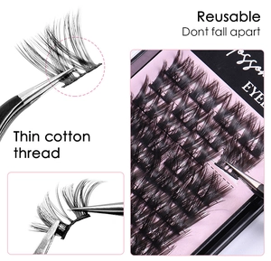 Macro detail of reusable thin cotton thread band on natural segment eyelashes clusters