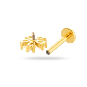Golden stainless steel labret stud featuring a zircon flower top and flat back post
