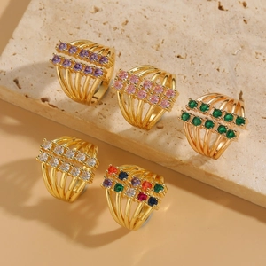 Multi-layer 14K gold plated rings with double row zircon stones in five vibrant colors