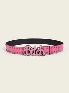 Detail of pink punk belt with gold studs and a metallic Bitch letter buckle over white