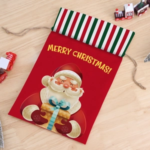 Kerstcadeautas van jute in rood met de Kerstman illustratie en handig trekkoordsluiting