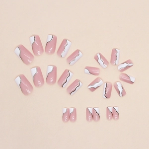 Minimalist white ripple and black line square press-on nails with silver glitter powder