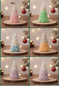 Detail of Christmas tree scented candles in various colors on rustic wood bases