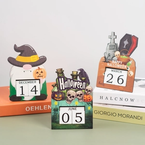 Wooden Halloween countdown block calendar set featuring spooky motifs for festive home decor