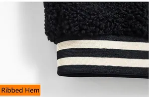 Fleece casual jacket featuring a black and white striped ribbed hem for winter warmth