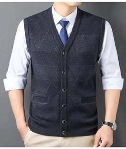 Detailed close-up of a men's knitted V-neck vest with textured diamond pattern and buttons