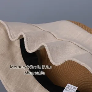 Faltbarer Sonnenhut für Damen mit beiger Leinentextur und formbarer Memory-Draht-Krempe