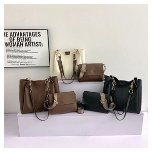 Three sets of large tote bags with chains and crossbody bags in beige, brown, and black