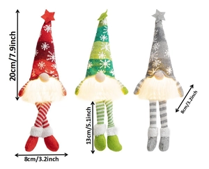 Three glowing Swedish Christmas gnomes in red, green, and gray with detailed size dimensions