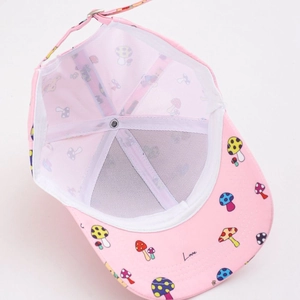 Pink baseball cap with mushroom prints, breathable mesh lining and adjustable metal buckle