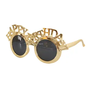 Metallic gold Happy Birthday party glasses with round black lenses on white background