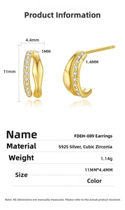 Macro info chart showing S925 silver half-hoop earrings with cubic zirconia and size specs