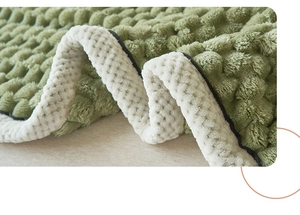 Macro view of textured green fleece blanket with thick white lamb wool lining detail
