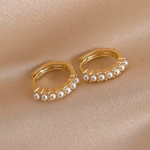 Minimalist Artificial Pearl Hoop Earrings Copper Metal Geometric Round Circle Elegant Office Jewelry For Women
