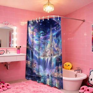 Detail view of 3D fantasy castle and waterfall print on waterproof polyester shower curtain