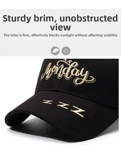 Detailed macro view of the black cotton baseball cap showing the Monday letter embroidery