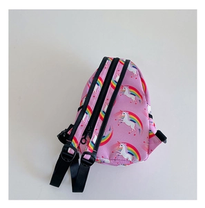 Mini mochila rosa para niña con estampado de unicornio arcoíris y cremallera doble negra