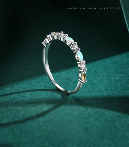 Detailed macro view of 925 sterling silver ring with marquise colorful stones