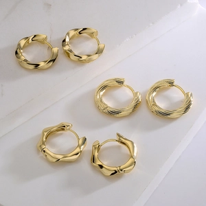 Vintage Geometric Hoop Earrings Gold Plated Copper Textured Irregular Twisted Wave Minimalist Fashion Jewelry For Women